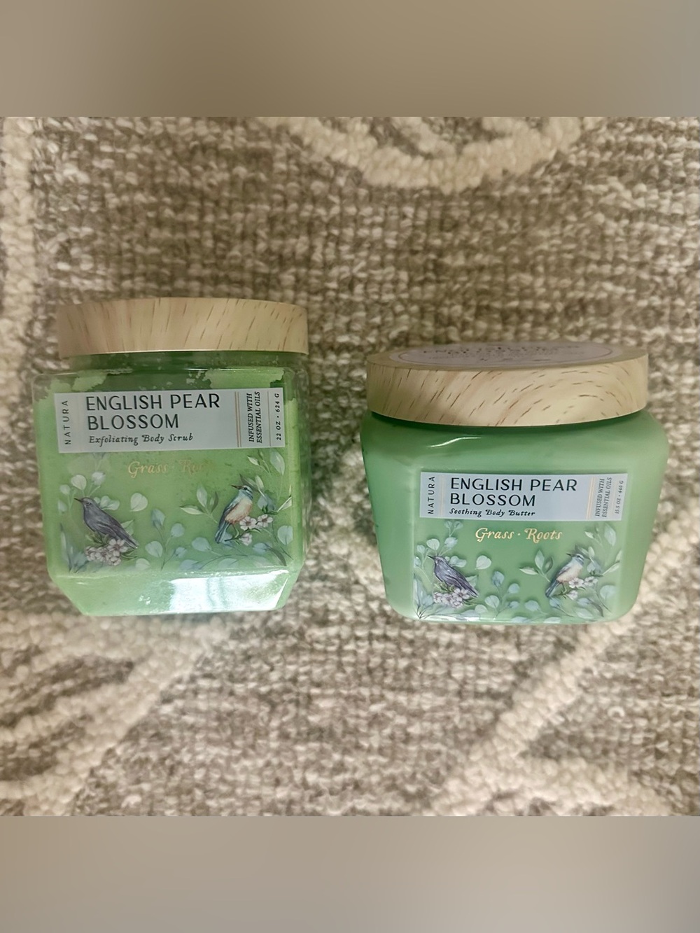 nwot grass roots english pear blossom body butter & scrub duo